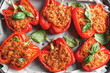 Baking dish with tasty stuffed pepper, top view