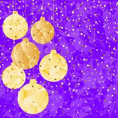 Wall Mural - Pattern for Merry Christmas and Happy New Year made of triangles.  Purple polygon background with golden balls and confetti.