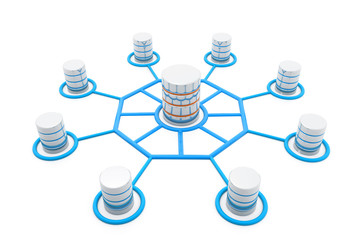 Network database concept with hosting data devices connected. 3d render