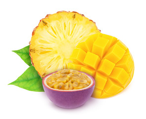 Wall Mural - Colourful composition with cutted tropical fruits -pineapple, passion fruit and mango isolated on a white background with clipping path.