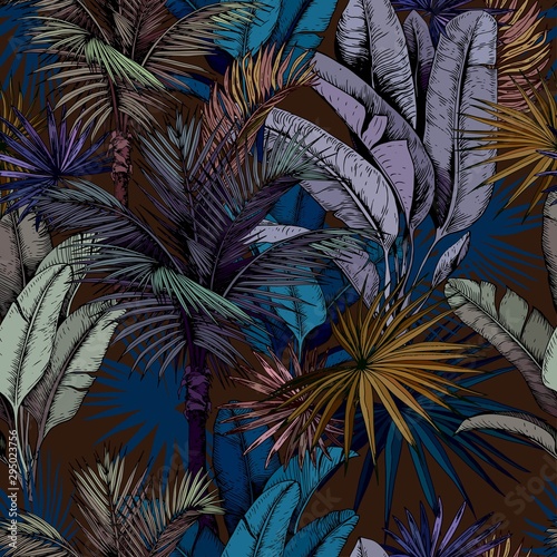 Dekoracja na wymiar  wzor-z-kolorowych-lisci-tropikalnych-na-ciemnym-niebieskim-tle-recznie-rysowane-wektor
