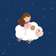 Cute Character Vector Illustration. Girl With Sheep On Dark Sky Background.