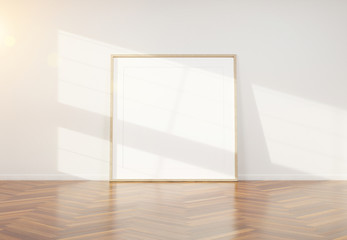 Aufkleber - Wooden frame leaning in bright white interior with wooden floor mockup 3D rendering