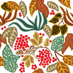 Wall Mural - Seamless vector pattern with berries and leaves. 