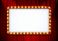Blank Light Sign Frame On Red Theatre Curtain