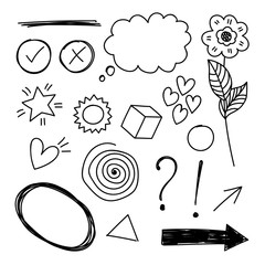 Poster - Vector hand drawn set elements. Bubble, star, arrow, heart, love, flower, swirl, exclamation and question mark, check mark and cross for concept design.