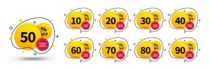 Poster - Sale tags set. Concept design elements for use in advertising, web, print design and marketing. Trendy badges template, up to 10, 20, 30, 40, 50, 60, 70, 80, 90 percent off.