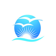 Wall Mural - sunset logo. bird symbol. ocean icon. vector illustration.