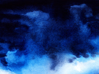 Deep dark night sky cumulus cloud. Abstract dark blue watercolor background. Night sky gradient dark to light. Wet ink ombre. Hand drawing on textured paper illustration.