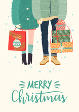 Christmas And Happy New Year Illustration With Romantic Couple With Gifts