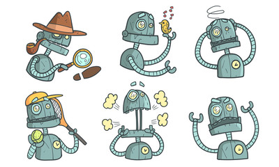 Poster - Vintage Robot Character Set, Funny Steampunk Robotics in Different Situations Vector Illustration