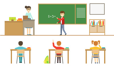 Wall Mural - School Lesson, Pupils Sitting at Desk, View from Behind, Schoolboy Standing at Blackboard, Female Teacher Teaching Students Vector Illustration