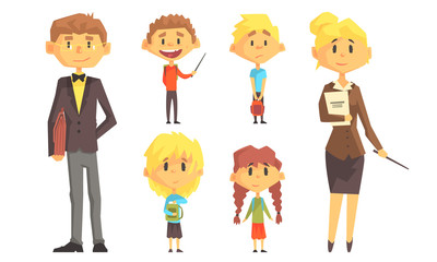 Sticker - Funny School Children and Teachers Cartoon Characters Set Vector Illustration