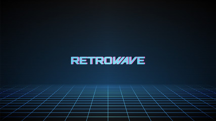 Wall Mural - retrowave background. synthwave 80s style dark illustration. blue perspective grid with distorted wo