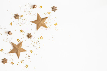 christmas composition. golden decorations on white background. christmas, winter, new year concept. 