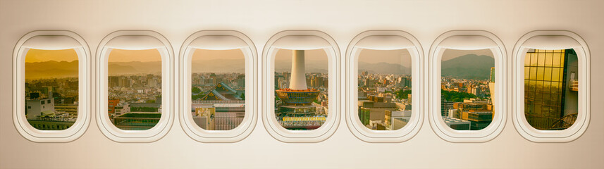 Poster - Airplane interior with window view of Kyoto City, Japan. Concept of travel and air transportation