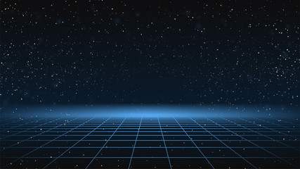 synthwave background. dark retro futuristic backdrop with blue perspective grid and sky full of star