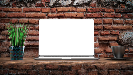 Sticker - Laptop template isolated on brick background. Mockup.