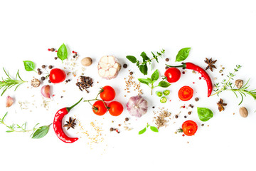 Wall Mural - Fresh vegetables and spices top view on the white