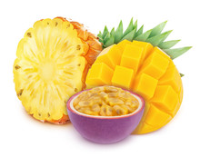 Multicolored Composition With Assortment Of Cutted Fruits - Pineapple, Mango And Passion Fruit, Isolated On A White Background With Clipping Path.