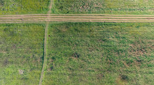 Dirt Road Through A Meadow With Green Grass In The Countryside. A Drone Shot. View Vertically From Above.