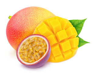 Wall Mural - Multi-colored exotic composition with fruit mix of passion fruit and mango, isolated on a white background with clipping path.