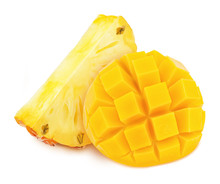 Bright Yellow Composition With Cutted Tropical Fruits - Mango And Pineapple Isolated On A White Background With Clipping Path.