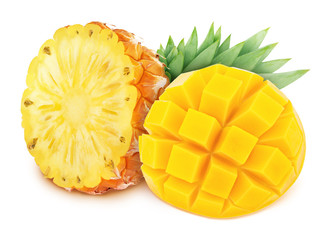 Wall Mural - Bright yellow composition with cutted tropical fruits - mango and pineapple isolated on a white background with clipping path.