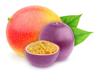 Wall Mural - Composite image with with whole and halved exotic fruits - passionfruit and mango isolated on white background. As design element.