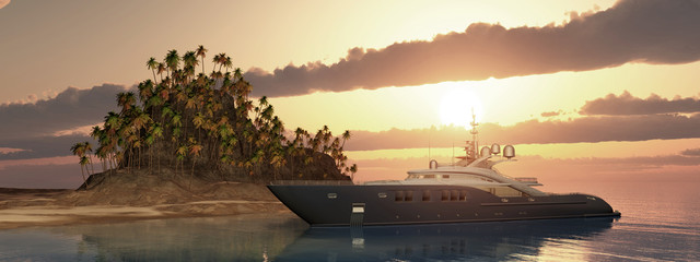 Wall Mural - Luxusyacht und tropische Insel bei Sonnenuntergang