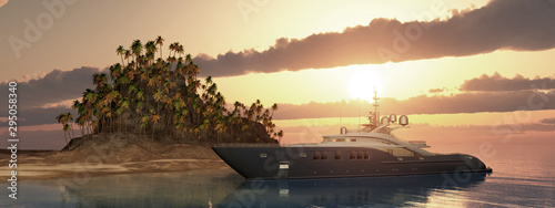 Cuadros en Lienzo Luxusyacht und tropische Insel bei Sonnenuntergang