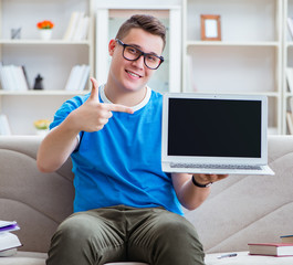 Young student preparing for exams studying at home on a sofa