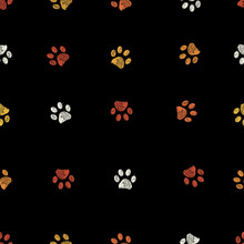 Orange, Yellow And White Doodle Paw Prints With Black Background Seamless Pattern. Happy Halloween Background