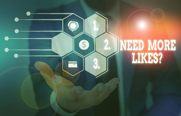 Fototapete - Writing note showing Need More Likes Question. Business concept for asking if he needs additional reaction on his post Male wear formal suit presenting presentation smart device