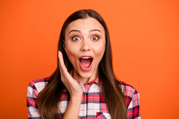 Sticker - Close-up portrait of her she nice attractive lovely pretty cheerful crazy cheery straight-haired girl wearing checked shirt great news isolated on bright vivid shine vibrant orange color background