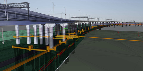 Wall Mural - the bim model of the object of transport infrastructure of wireframe view