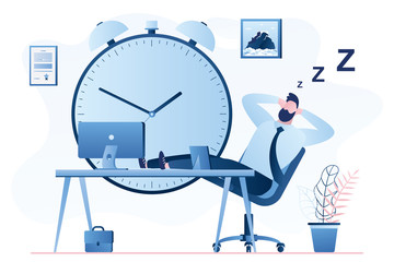 Wall Mural - Handsome businessman or clerk sleeping on modern workplace. Break time concept.