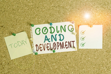 Handwriting text Coding And Development. Conceptual photo Programming Building simple assembly Programs Corkboard color size paper pin thumbtack tack sheet billboard notice board