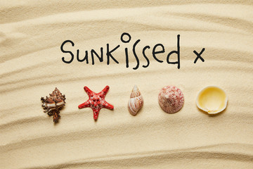 flat lay of seashells and red starfish on sandy beach in summertime with sun kissed lettering