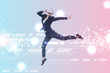 © LIGHTFIELD STUDIOS - businesswoman in virtual reality headset levitating on blue and pink gradient background with cyberspace illustration