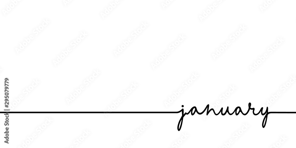 January - continuous one black line with word. Minimalistic drawing of phrase illustration - obrazy, fototapety, plakaty 
