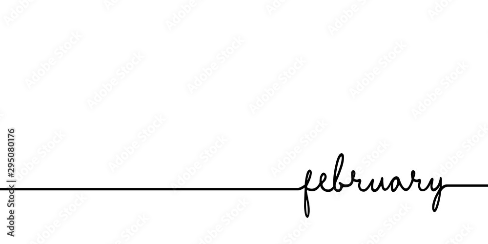 February - continuous one black line with word. Minimalistic drawing of phrase illustration - obrazy, fototapety, plakaty 