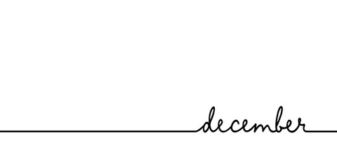 December - continuous one black line with word. Minimalistic drawing of phrase illustration