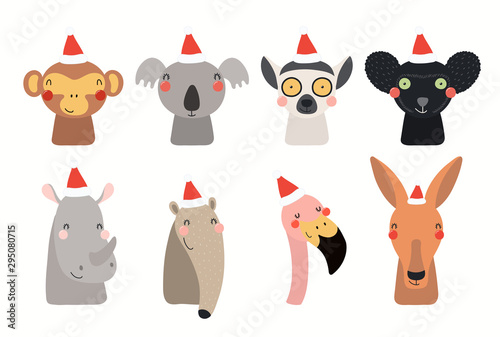 Christmas set with cute animals in Santa Claus hats. Isolated objects on whit...
