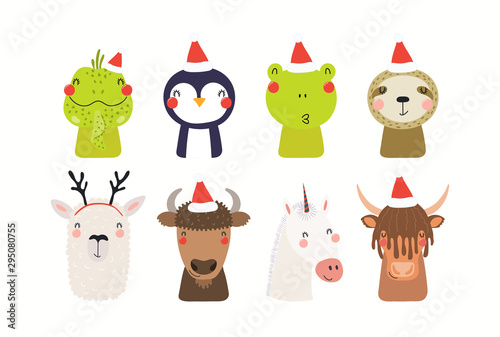 Christmas set with cute animals in Santa Claus hats. Isolated objects on whit...