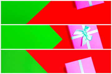 Poster - gift box with ribbon on a colorful background. view from above. three sections.