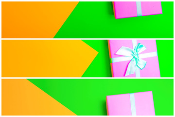 Poster - gift box with ribbon on a colorful background. view from above. three sections.