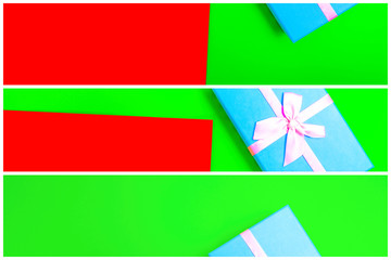 Poster - gift box with ribbon on a colorful background. view from above. three sections.