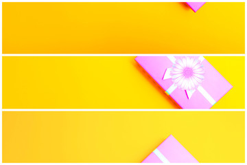 Sticker - gift box with ribbon on a colorful background. view from above. three sections.