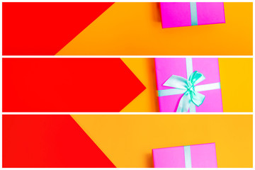 Wall Mural - gift box with ribbon on a colorful background. view from above. three sections.